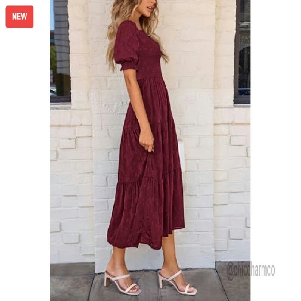 Women's Summer Midi Dress Square Neck Smocked Boho Flowy A-Line - Picture 7 of 8